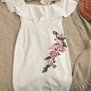 Premier White Dress with Pink Floral Embroidery